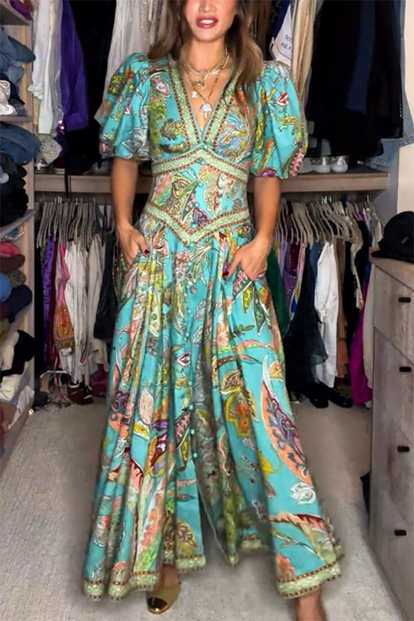 Arista - Luftiges Maxi-Kleid mit Puffärmeln & V-Ausschnitt