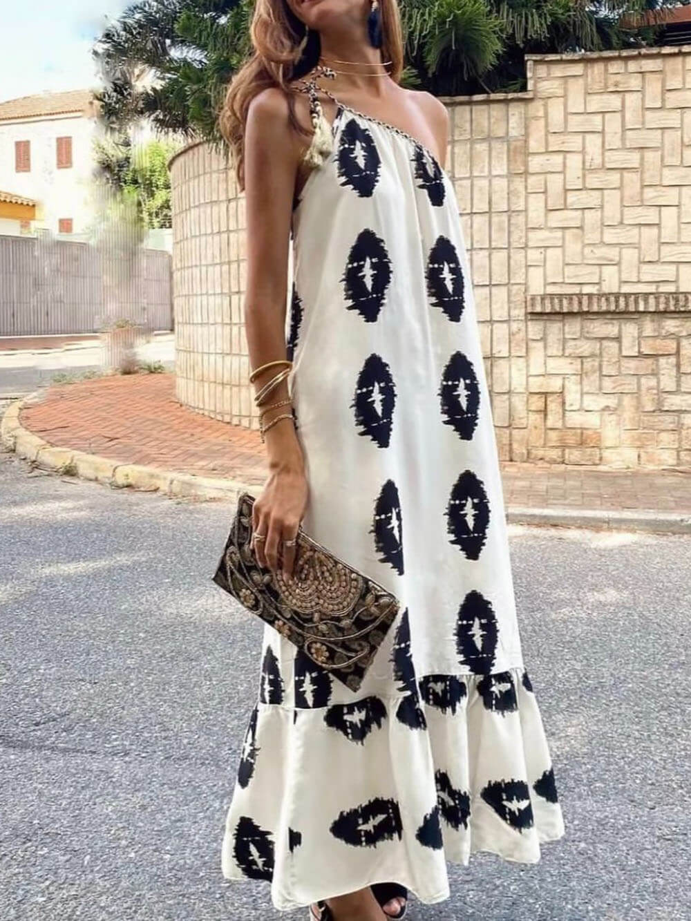 Meilani – Sonniges ethnisches Druck-Maxikleid mit one-Shoulder