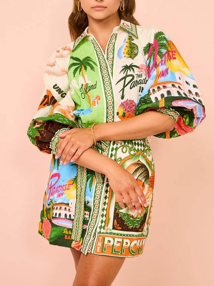 Amelka - Lässiges, einzigartiges, bedrucktes Hemd-Westen-Kleid