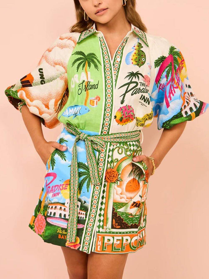 Amelka - Lässiges, einzigartiges, bedrucktes Hemd-Westen-Kleid