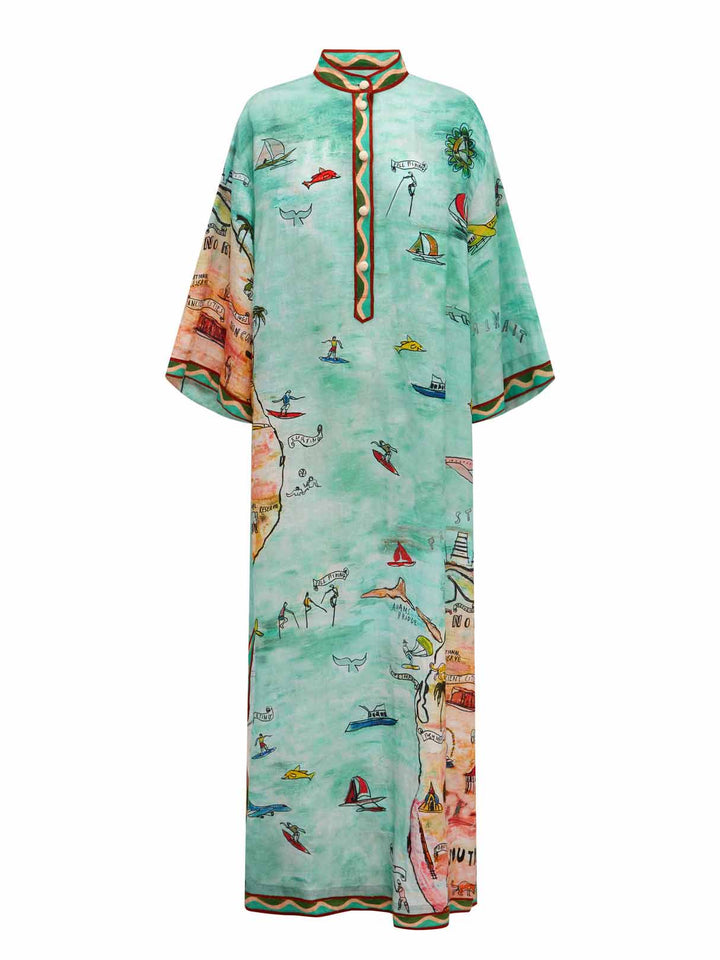 Aviana - Modernes Satin-Kunstinsel-Druck-Split-Maxikleid