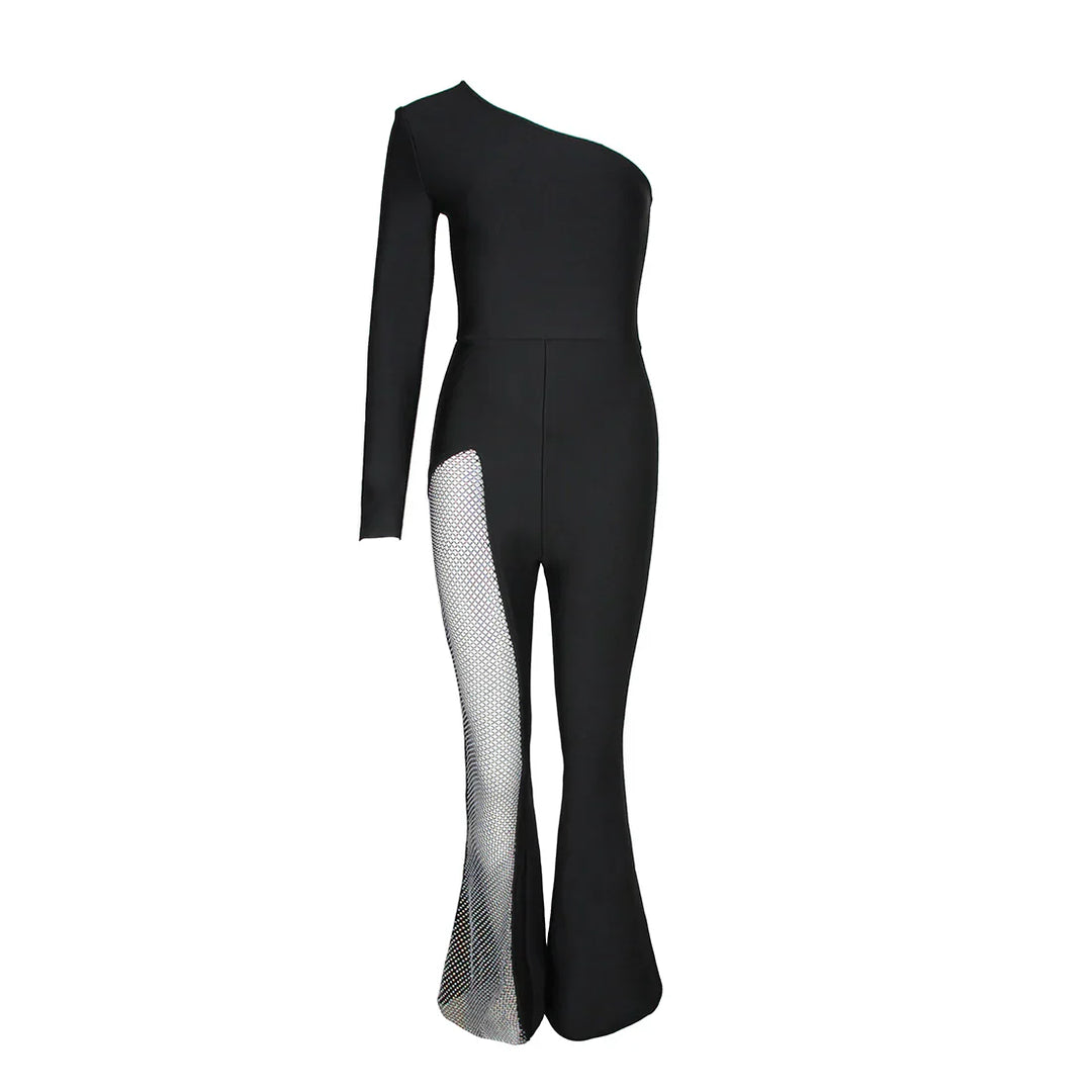 Schwarzer Ein-Schulter Asymmetrischer Strass-Bandagen-Jumpsuit