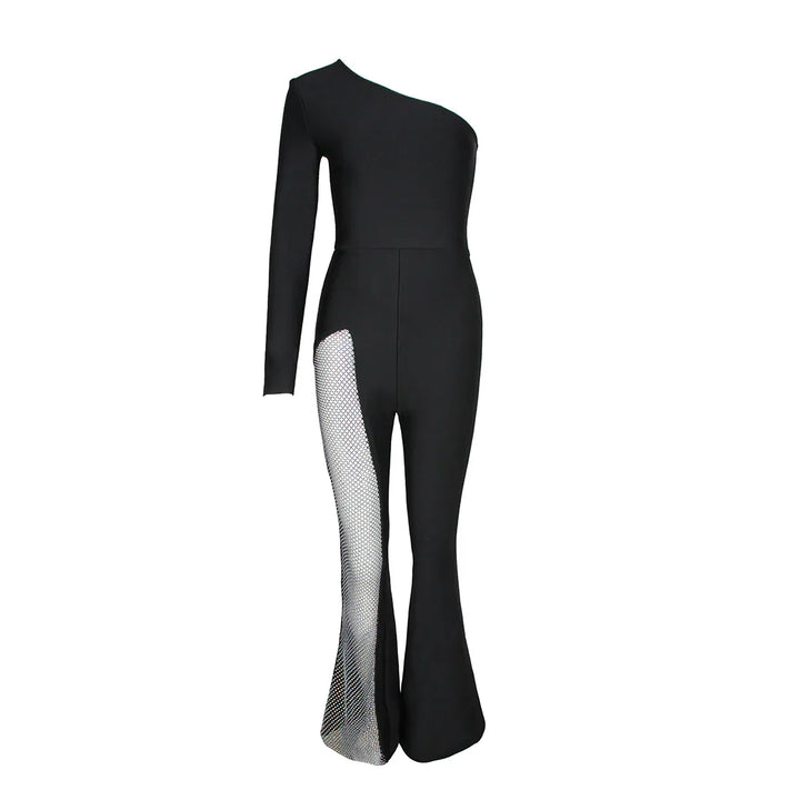 Schwarzer Ein-Schulter Asymmetrischer Strass-Bandagen-Jumpsuit