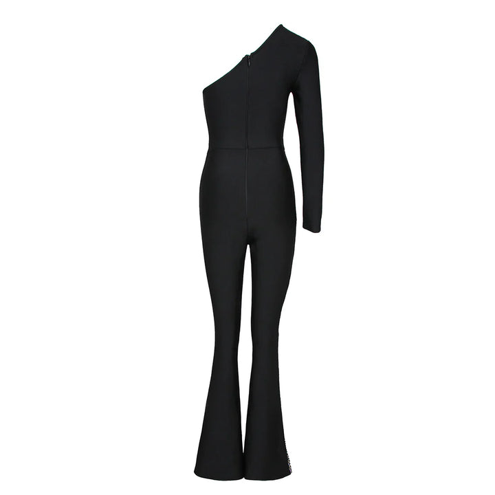 Schwarzer Ein-Schulter Asymmetrischer Strass-Bandagen-Jumpsuit