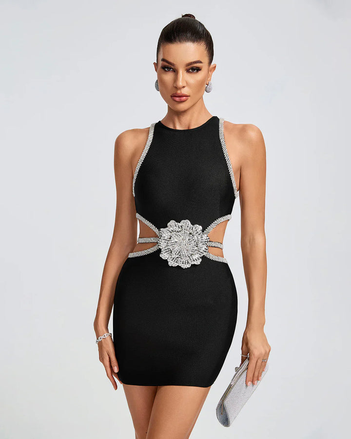 Rala- Cutout Strassblumen Mini-Bandagekleid