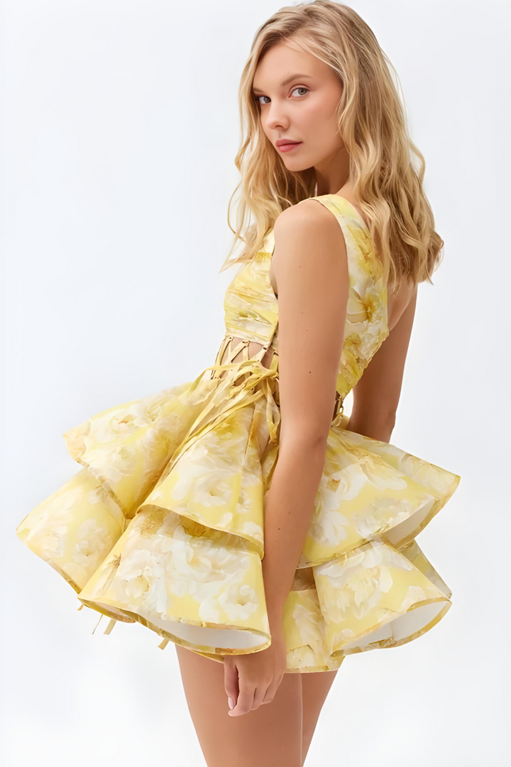 Zia - Blümchen-Einseiliger Mini-Kleid