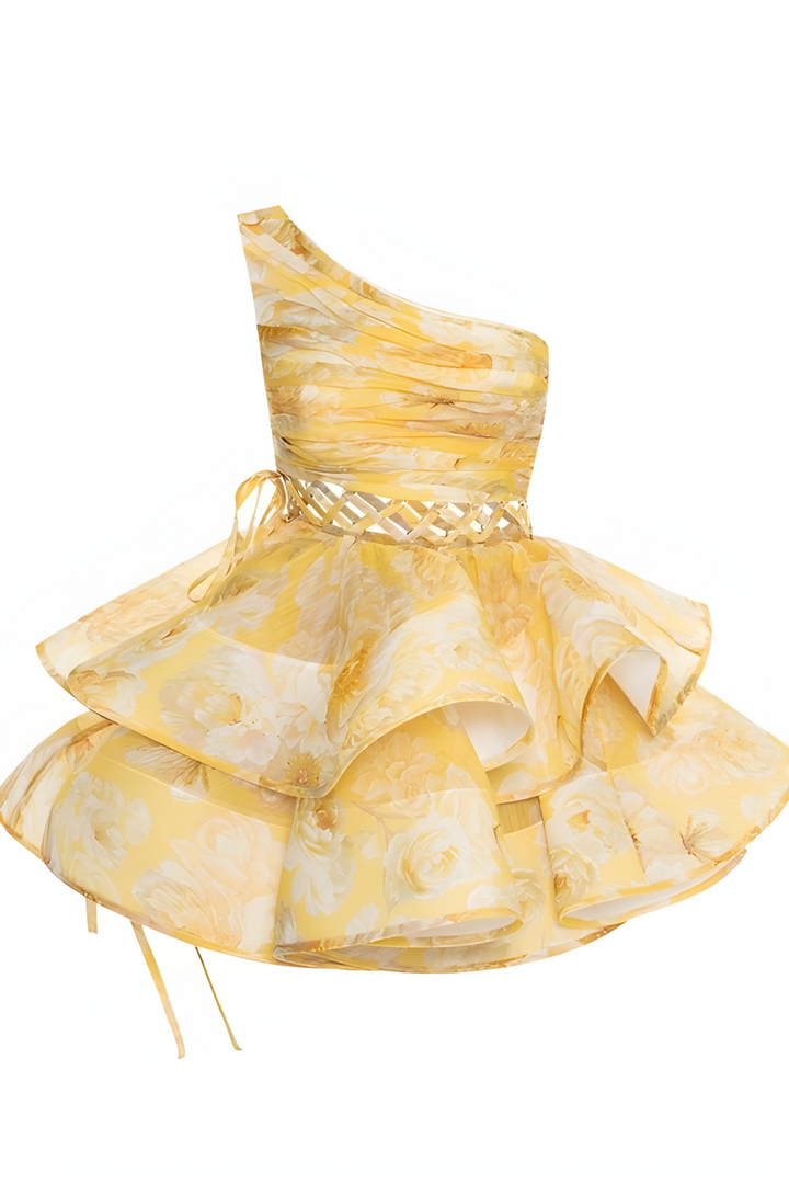 Zia - Blümchen-Einseiliger Mini-Kleid
