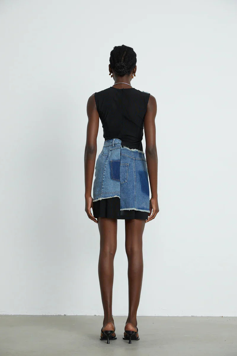 Lana- Denim Patchwork ärmelloses Kleid