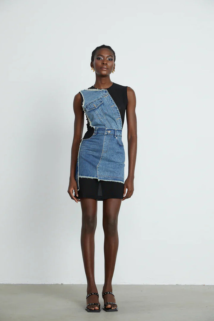 Lana- Denim Patchwork ärmelloses Kleid