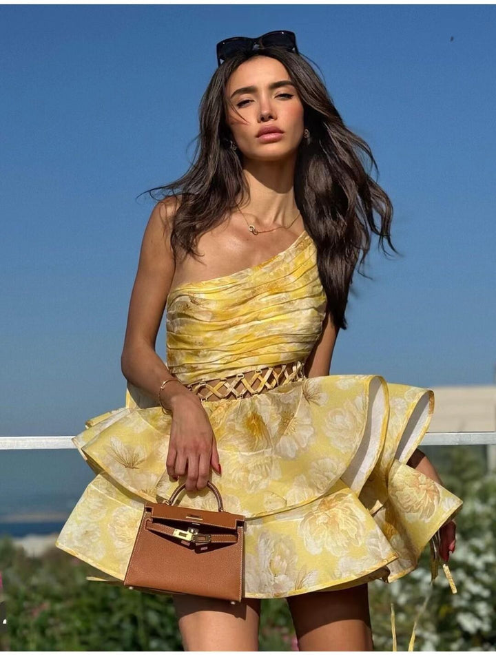 Zia - Blümchen-Einseiliger Mini-Kleid