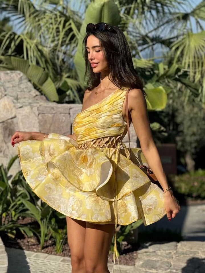 Zia - Blümchen-Einseiliger Mini-Kleid