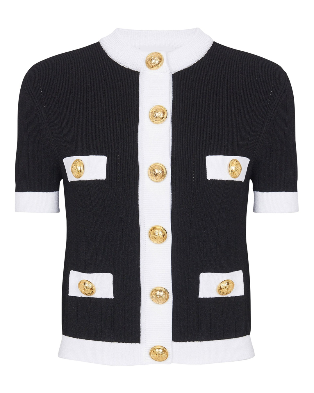 Schwarz-weiße Kurzarm-Rippstrick-Jacke mit goldenen Knöpfen