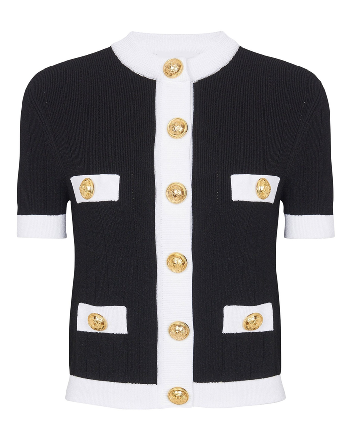 Schwarz-weiße Kurzarm-Rippstrick-Jacke mit goldenen Knöpfen
