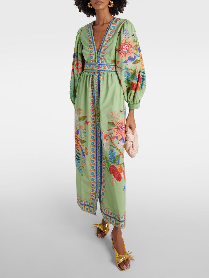 Anelie - Zierliches Blumen-Midi-Kleid mit V-Ausschnitt und einfacher Knopfleiste