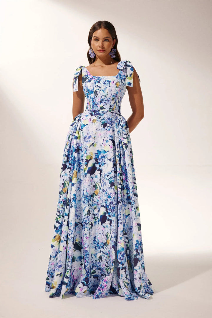 Kacey – Maxikleid mit Trägern und Hortensien-Print