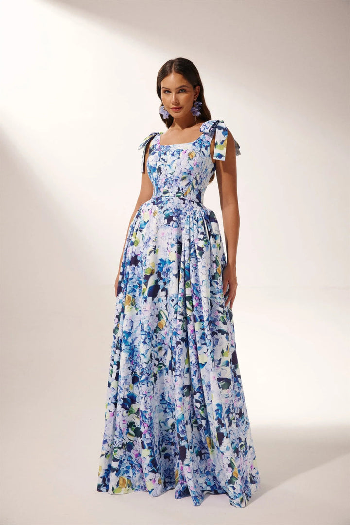 Kacey – Maxikleid mit Trägern und Hortensien-Print