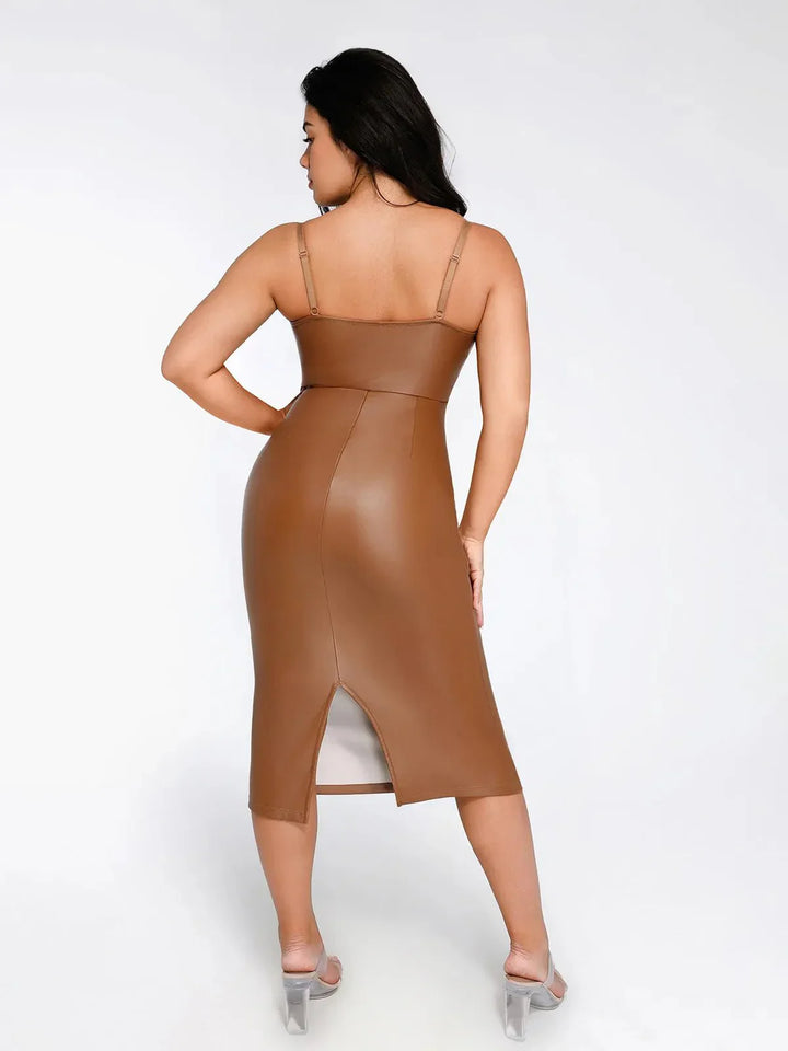 Shapewear Faux-Leder Sanduhr-Corsagen-Midi-Kleid
